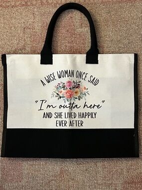 Black & White Canvas Tote with Floral Accent